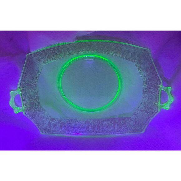 Green Uranium Depression Glass Handled Tray - Picture 1 of 9